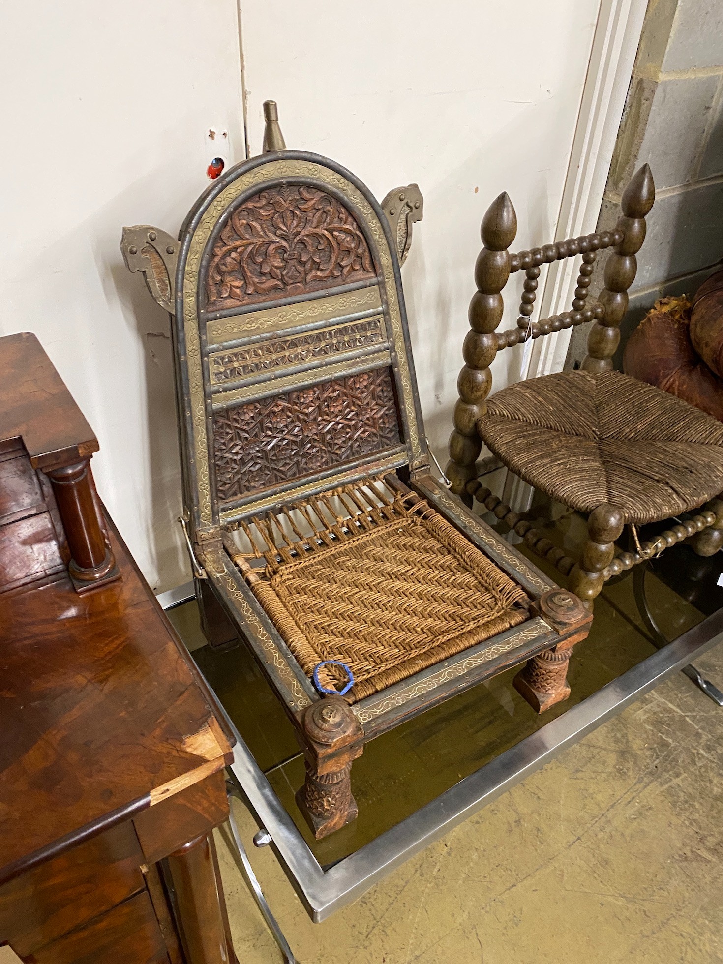 A bobbin chair and a Turkish carved hardwood low chair